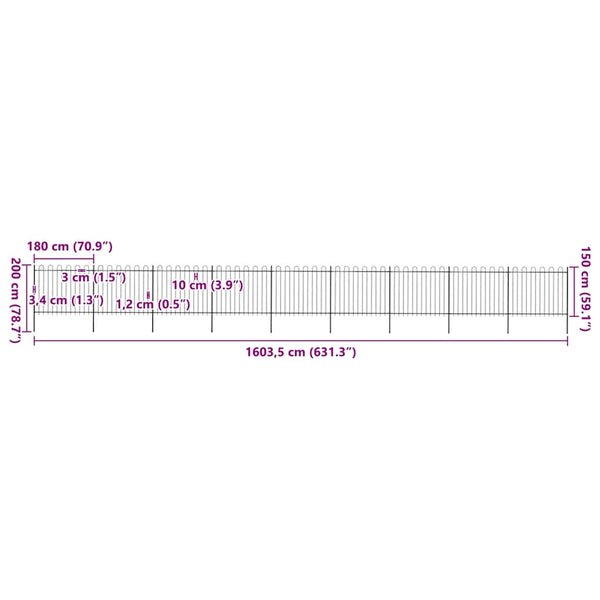 vidaXL Garden Fence with Arch Steel 1603.5 x 150 cm Black