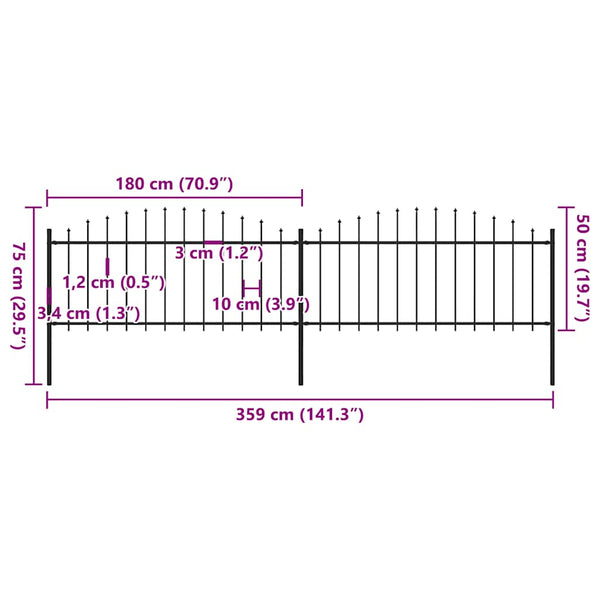 vidaXL Garden Fence with Spear Tops Steel (0.5 - 0.75) x 3.4 m Black