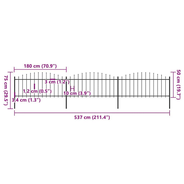 vidaXL Garden Fence with Spear Top Steel 537 x 75 cm Black