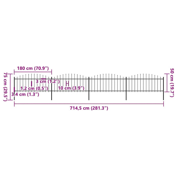 vidaXL Garden Fence with Spear Top Steel 714.5 x 75 cm Black