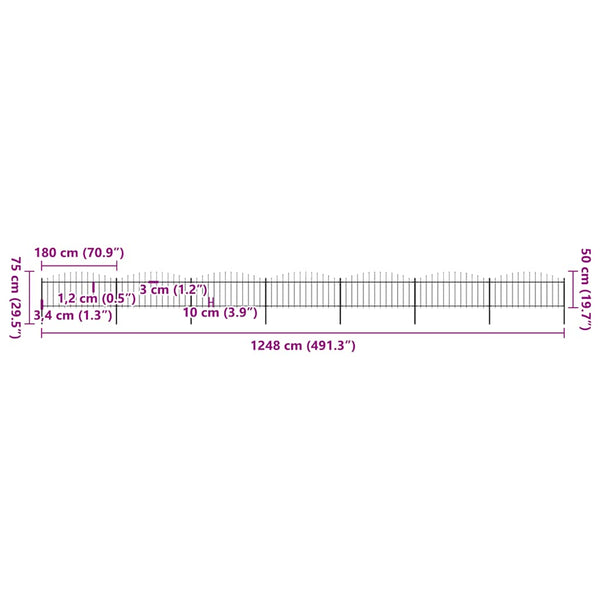 vidaXL Garden Fence with Spear Tops Steel (0.5 - 0.75) x 11.9 m Black
