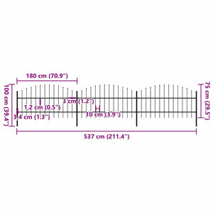 vidaXL Garden Fence with Spear Top Steel 537 x 100 cm Black