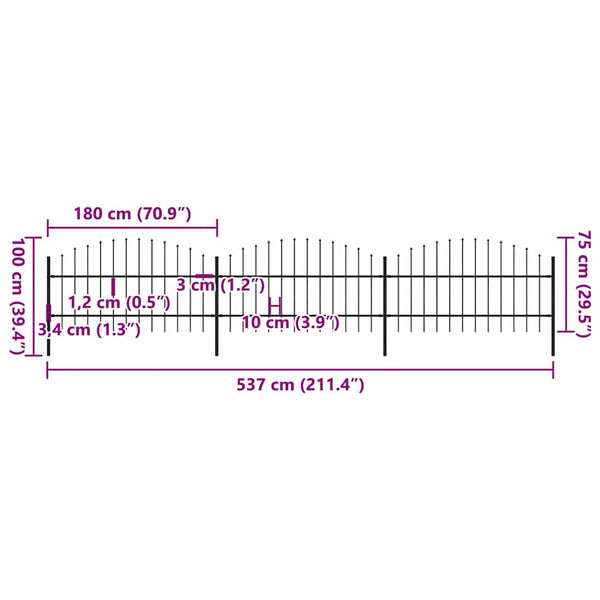vidaXL Garden Fence with Spear Top Steel 537 x 100 cm Black