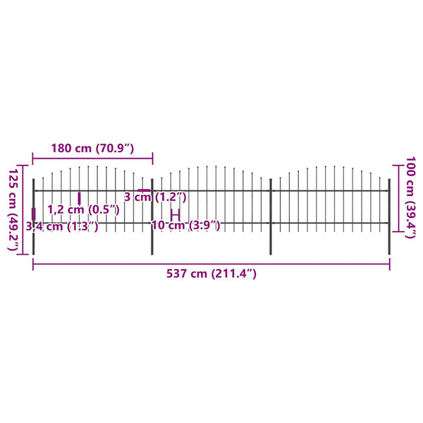 vidaXL Garden Fence with Spear Top Steel 537 x 125 cm Black