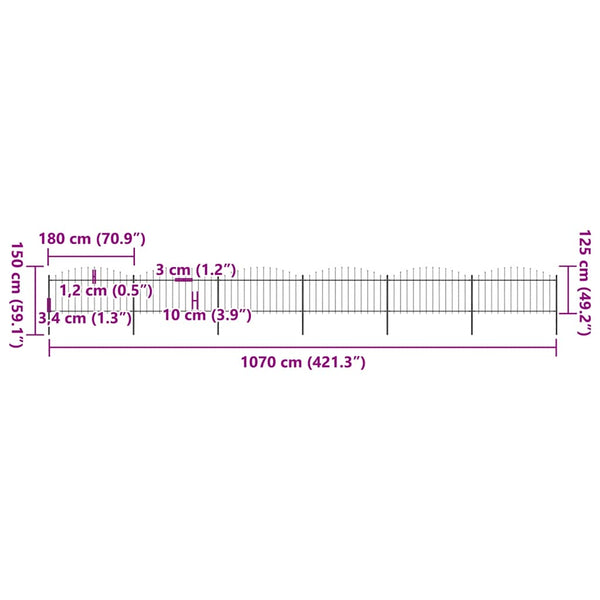 vidaXL Garden Fence with Spear Top Steel 1070 x 150 cm Black