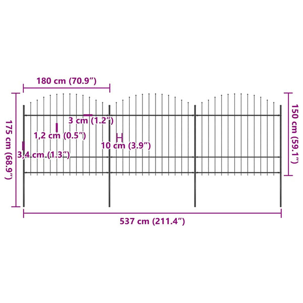 vidaXL Garden Fence with Spear Top Steel 537 x 175 cm Black
