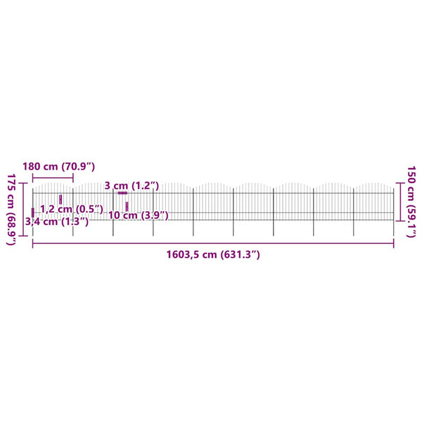 vidaXL Garden Fence with Spear Tops Steel (1.5 - 1.75) x 15.3 m Black
