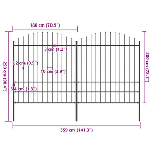 vidaXL Garden Fence with Spear Top Steel 359 x 200 cm Black