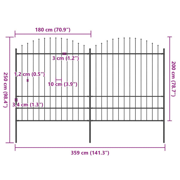 vidaXL Garden Fence with Spear Top Steel 359 x 200 cm Black