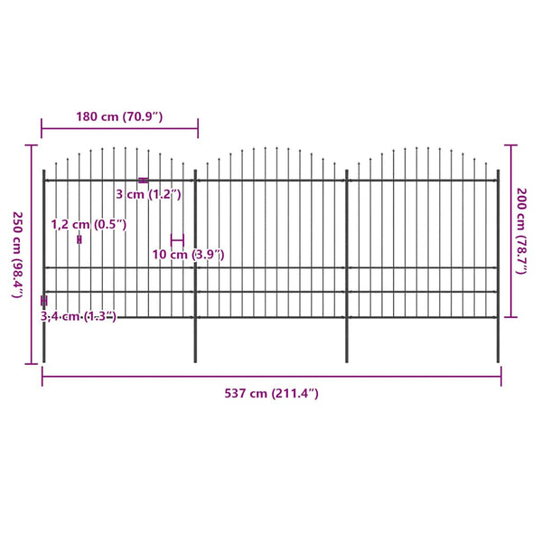 vidaXL Garden Fence with Spear Top Steel 537 x 200 cm Black