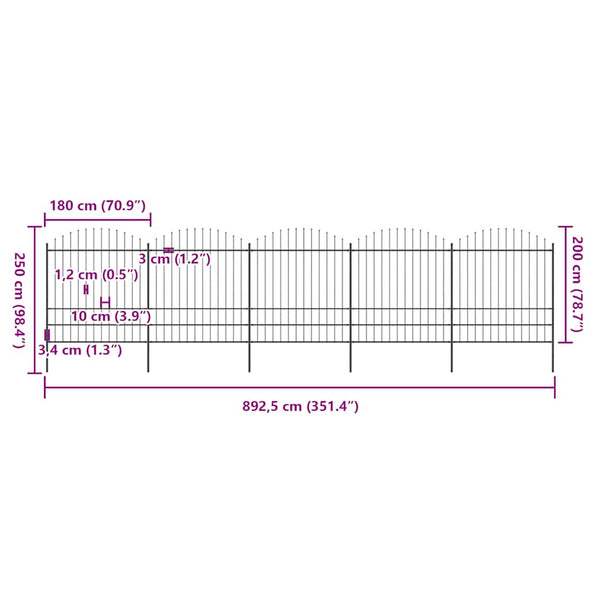 vidaXL Garden Fence with Spear Top Steel 892.5 x 200 cm Black