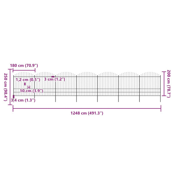 vidaXL Spear-top Garden Fence Steel 1248 x 200 cm Black