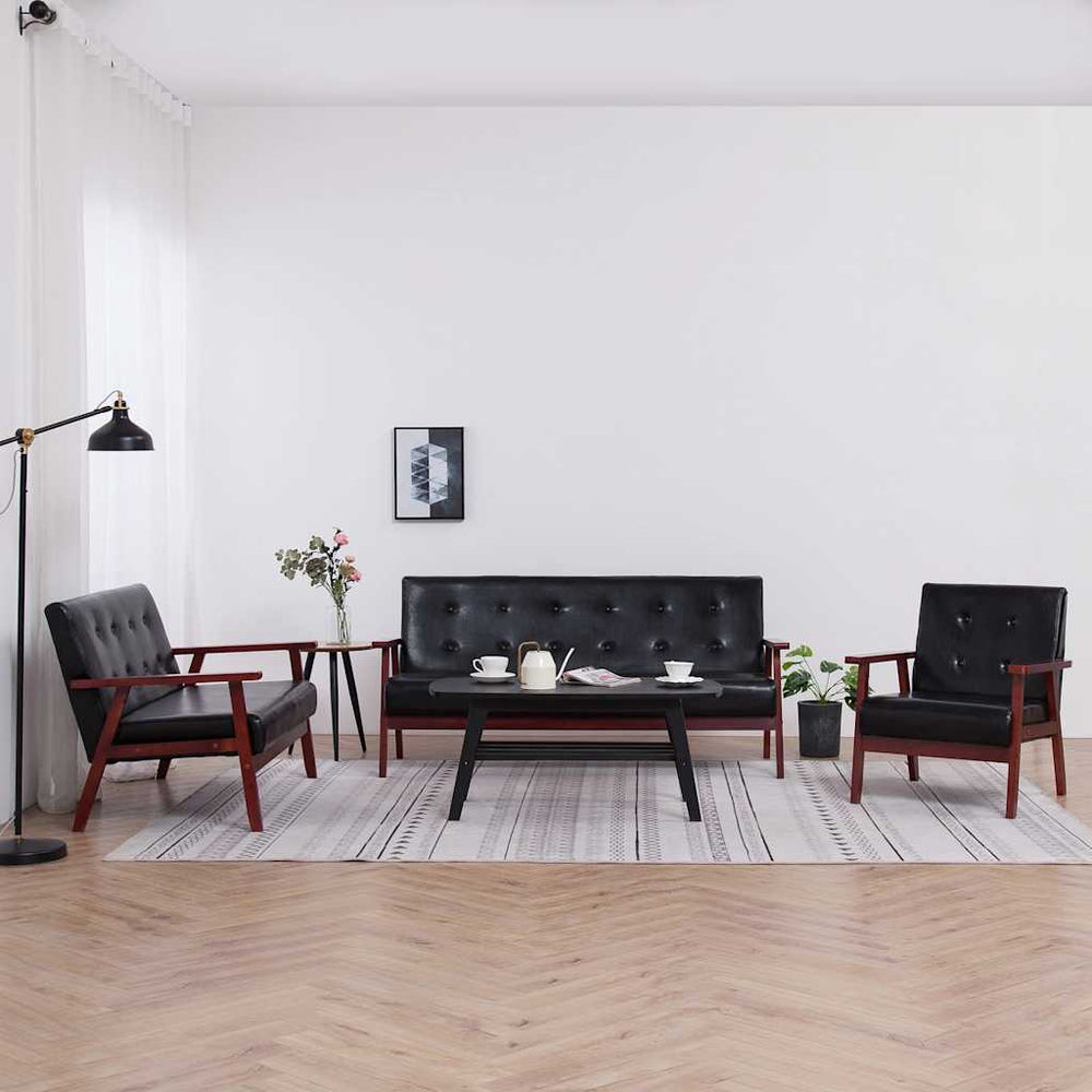 vidaXL 3-Piece Sofa Set Black Faux Leather
