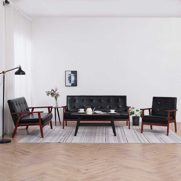 vidaXL 3-Piece Sofa Set Black Faux Leather