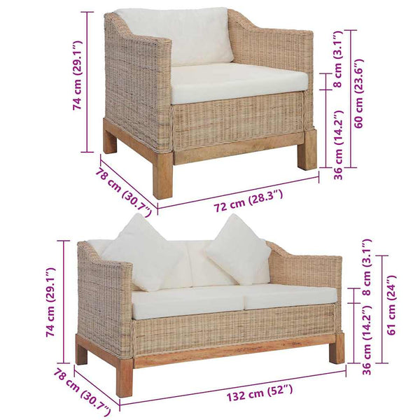 vidaXL 2-Piece Sofa Set with Cushions Natural Rattan