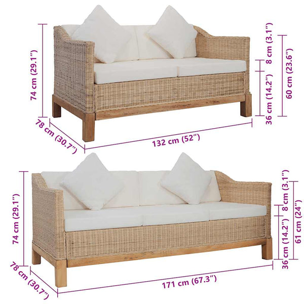 vidaXL 2-Piece Sofa Set with Cushions Natural Rattan