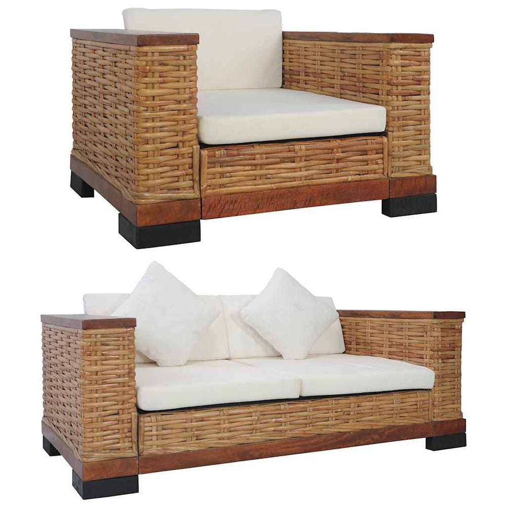 vidaXL 2-Piece Sofa Set with Cushions Brown Natural Rattan
