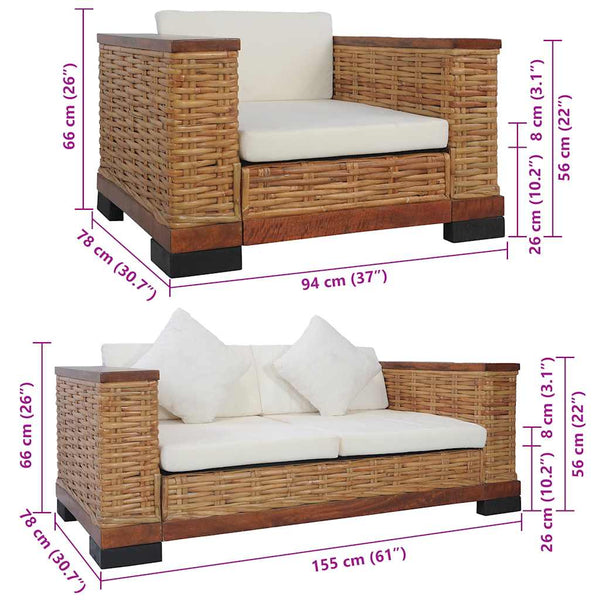 vidaXL 2-Piece Sofa Set with Cushions Brown Natural Rattan