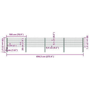 vidaXL Fence Panel with Posts Iron 694.5 x 80 cm Green
