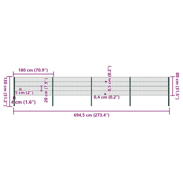 vidaXL Fence Panel with Posts Iron 694.5 x 80 cm Green