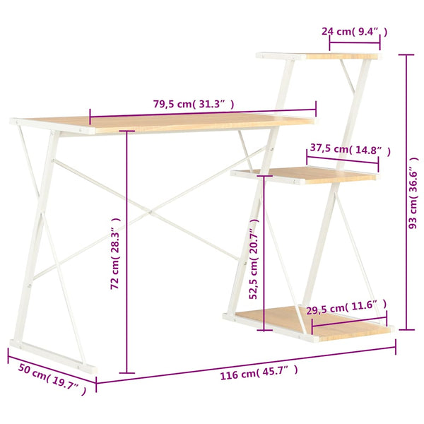 vidaXL Desk with Shelves White and Oak 116x50x93 cm