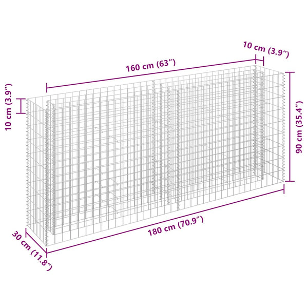 vidaXL Galvanized Steel Raised Gabion Planter 180×30×90 cm