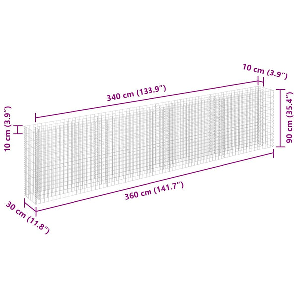 vidaXL Gabion Raised Bed Galvanized Steel 360x30x90 cm