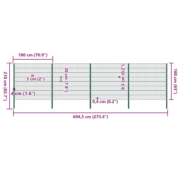 vidaXL Fence Panel with Posts Iron 694.5 x 160 cm Green