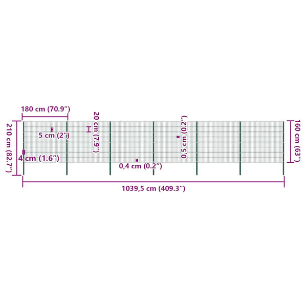 vidaXL Fence Panel with Posts Iron 1040 x 160 cm Green