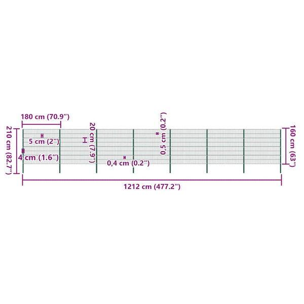vidaXL Fence Panel with Posts Iron 1212 x 160 cm Green