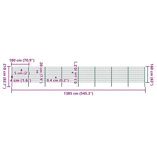 vidaXL Fence Panel with Posts Iron 1385 x 160 cm Green