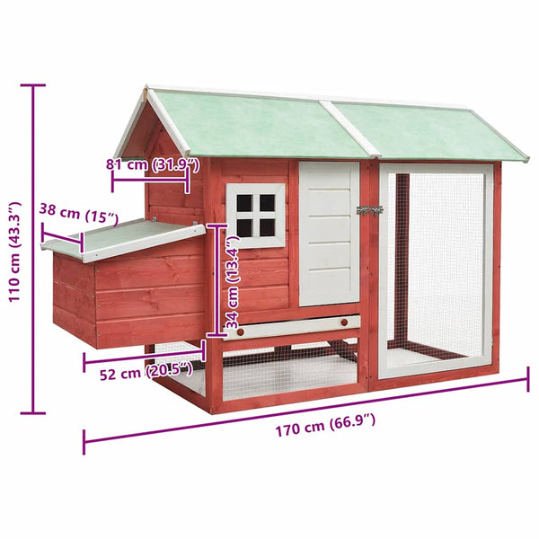 vidaXL Chicken Coop Red 170x81x110 cm Solid Pine and Fir Wood
