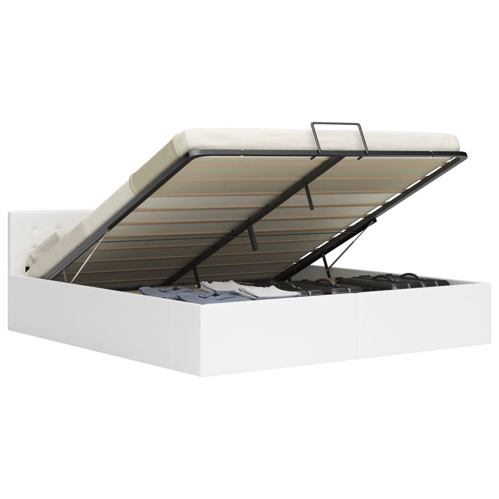 vidaXL Storage Bed with Hydraulic Lift White Faux Leather 160x200 cm