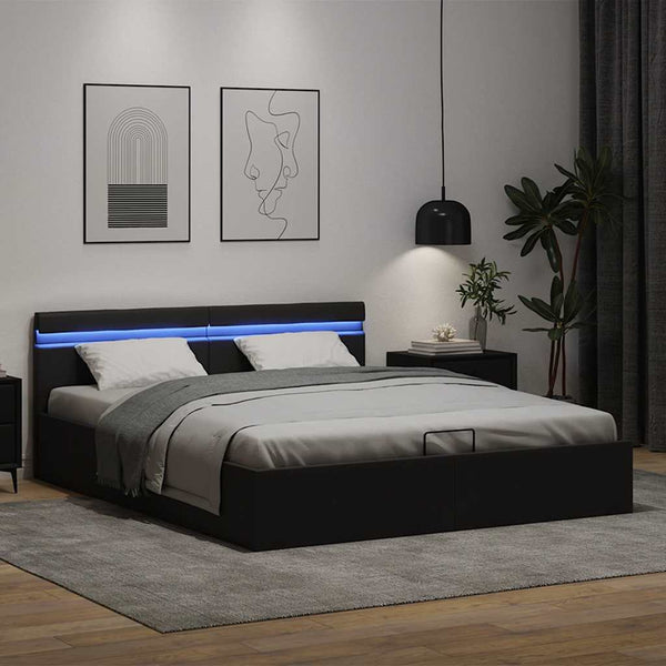 vidaXL Hydraulic Storage Bed with LED Black Faux Leather 180x200 cm