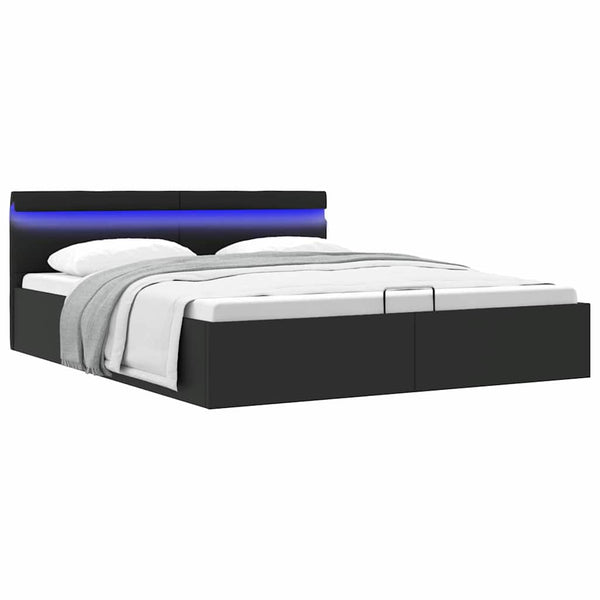 vidaXL Hydraulic Storage Bed with LED Black Faux Leather 180x200 cm