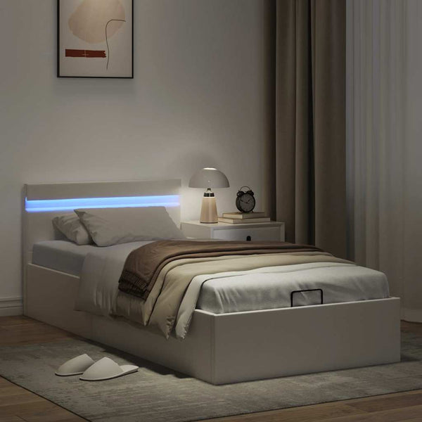 vidaXL Bed with Storage Hydraulic LED White Faux Leather 90x200cm