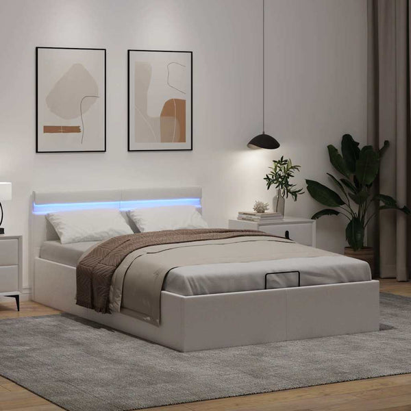 vidaXL Bed with Storage Hydraulic LED White Faux Leather 120x200 cm