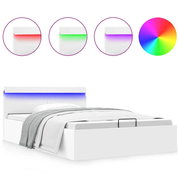 vidaXL Hydraulic LED Faux Leather Bed with Storage White 140x200 cm