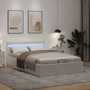 vidaXL Hydraulic LED Faux Leather Bed with Storage White 140x200 cm