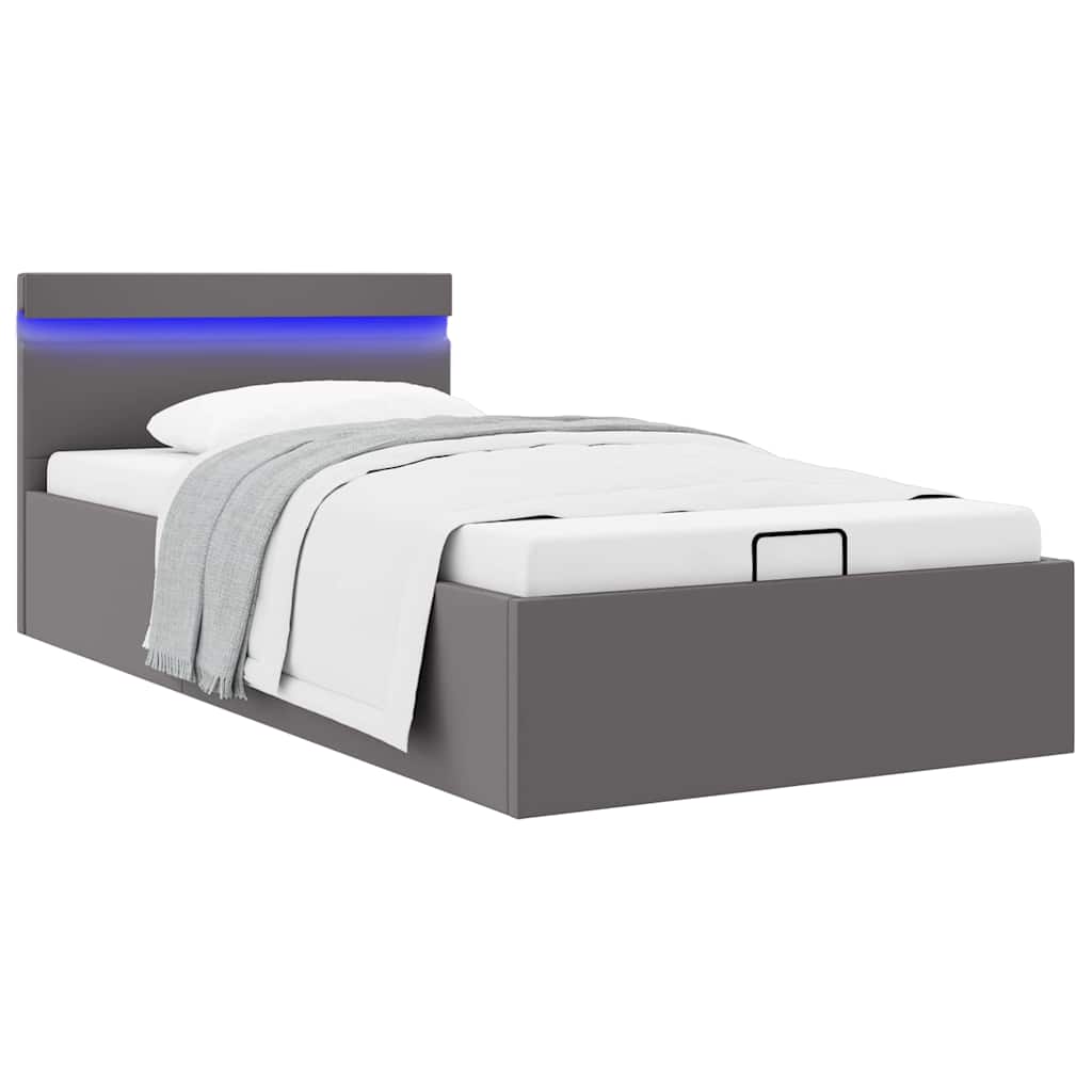 vidaXL Hydraulic LED Grey Faux Leather Bed with Storage 100x200 cm
