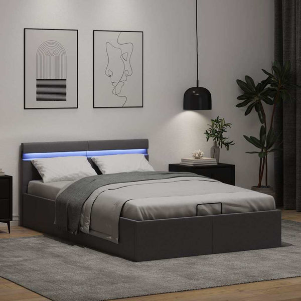 vidaXL Bed with Storage Hydraulic LED Grey Faux Leather 140x200 cm