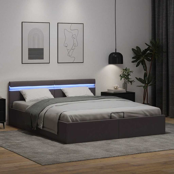 vidaXL Hydraulic LED Bed with Storage Grey Faux Leather 160x200 cm