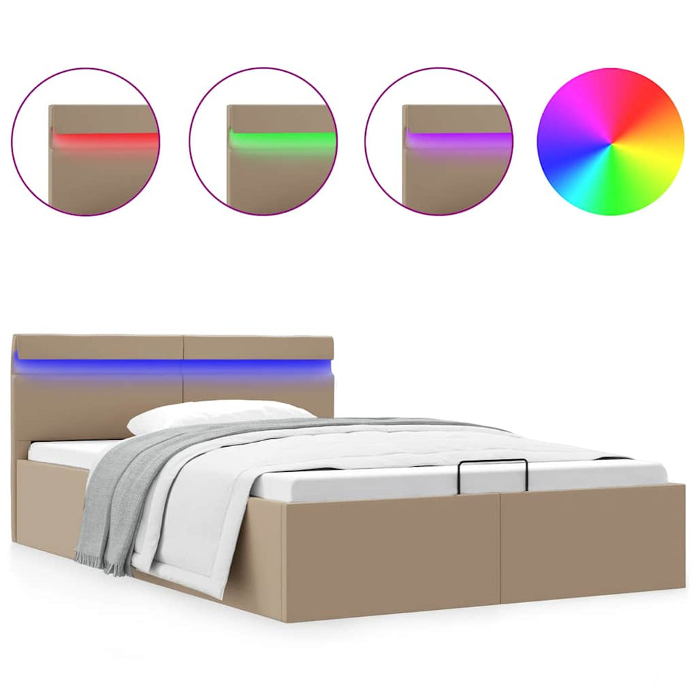 vidaXL Storage Bed with LED Cappuccino Brown Faux Leather 120x200 cm