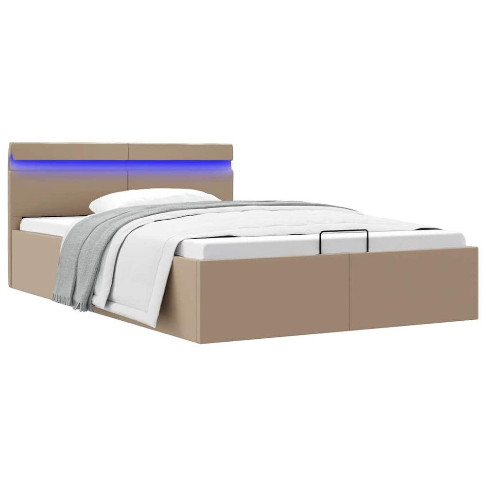 vidaXL Storage Bed with LED Cappuccino Brown Faux Leather 140x200 cm