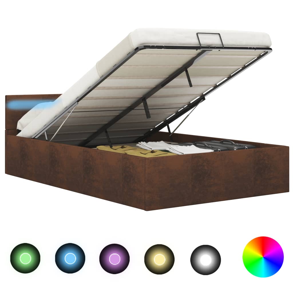 vidaXL Hydraulic LED Fabric Bed with Storage Brown 120x200 cm