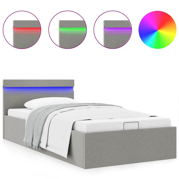 vidaXL Fabric Upholstered Hydraulic LED Bed with Storage Light Grey 90x200 cm