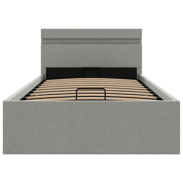 vidaXL Fabric Upholstered Hydraulic LED Bed with Storage Light Grey 90x200 cm
