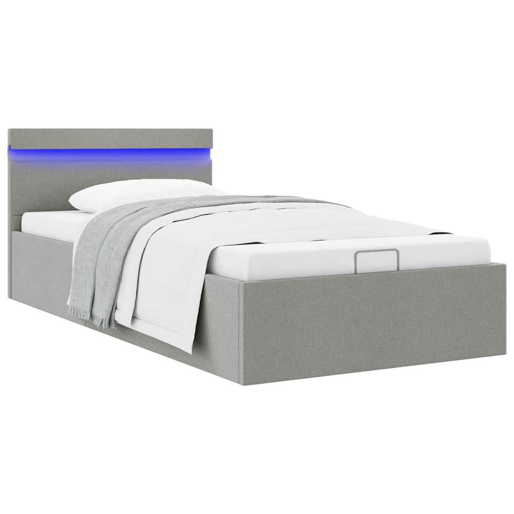 vidaXL Hydraulic LED Bed with Storage Light Gray Fabric 100x200 cm