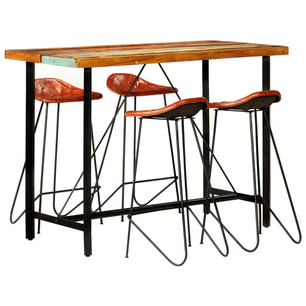 vidaXL 5-Piece Bar Set Recycled Solid Wood and Real Leather