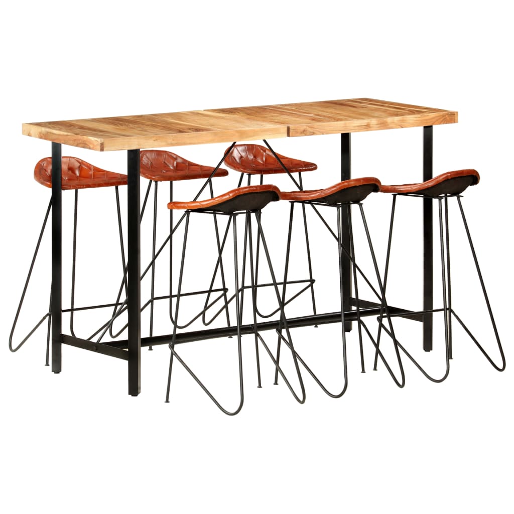 vidaXL 7-Piece Bar Set Solid Acacia Wood and Real Leather